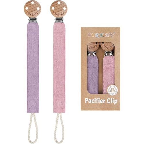 TYRY.HU Ribbon Baby Pacifier Clip Holder, Binky Paci Holder Clips, Pacifier Leash, Soft Webbing Strap, Universal Binky Leash, 2 Pack, Rose, Purple