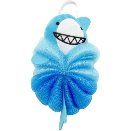 Cute Loofah Fun Colorful Cartoon Design Mesh Pouf 7” x 4” Shower Bath, Sponge Body Scrubber, Washing Ball for Kids Toddlers Adults by Awesome Aquatic (Blue Shark)