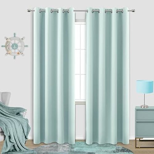 KOUFALL Aqua Blackout Curtains for Beach Room Decor,Ocean Themed Summer Coastal Curtains for Living Room Bedroom Window,84 Inch Length 2 Panels Grommet.