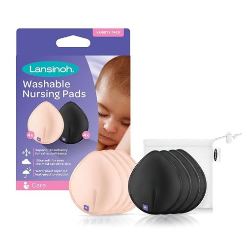 Lansinoh Reusable Nursing Pads, Nursing Essentials for Breastfeeding Mothers, 8 Absorbent Nursing Pads With Mesh Wash Bag, Pink and Black Pads