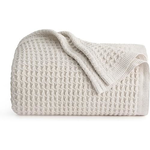 Bedsure 100% Cotton Large Throw Blanket for Couch 50x70 inches - Breathable and Soft, Waffle Weave Throw Blanket for Office, Light Beige