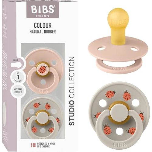 BIBS Colour Studio Soother 2-Pack, BPA Free Dummy Pacifier, Round Nipple. Natural Rubber Latex, Made in Denmark, Size 1 (0-6 Months), Blush/Sand