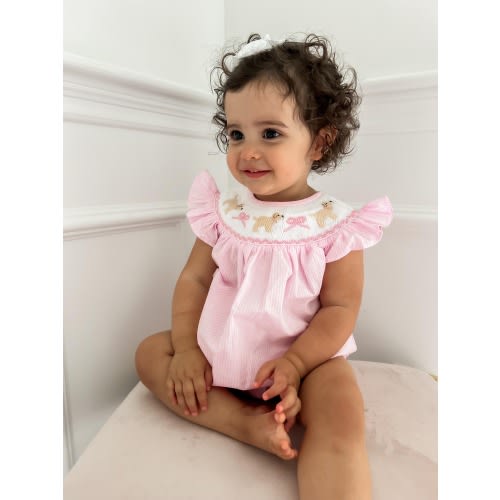 Golden Retriever and Bows Pink Gingham Smocked Bubble - 9 Months