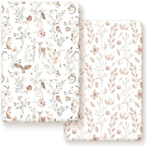 Pack n Play Sheets FItted 2 Pack, Stretchy Ultra Soft Jersey Knit Pack and Play Sheets, Universal Fitted Portable/Mini Crib Mattresses Snug and Safe, Beautiful Blush Pink Floral and Cute Animals Print