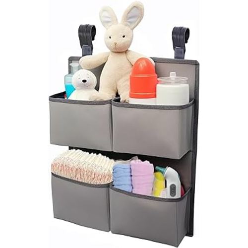 Hanging Diaper Organizer for Crib/Playpen/Bassinet – Hold 80+ Diapers - 4 Deep Pockets-H19in x L15 in Changing Table Diaper Holder - Hanging Diaper Stacker Nursery Caddy Organizer - Grey