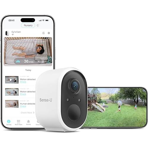 Sense-U Battery Baby Monitor Smart Security Camera, Indoor/Outdoor Use, AI Breathing Detection, 1080p Video Monitor