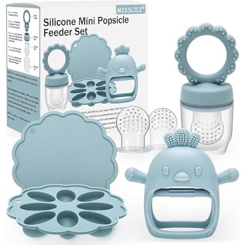 Baby Silicone Fruit Food Feeder Pacifier & Breastmilk Popsicle Freezer Molds,BPA Free Baby Food Storage Containers Frozen Ice Tray for Baby Feeding Safely, Infant Fruit Teething Toy (Blue)