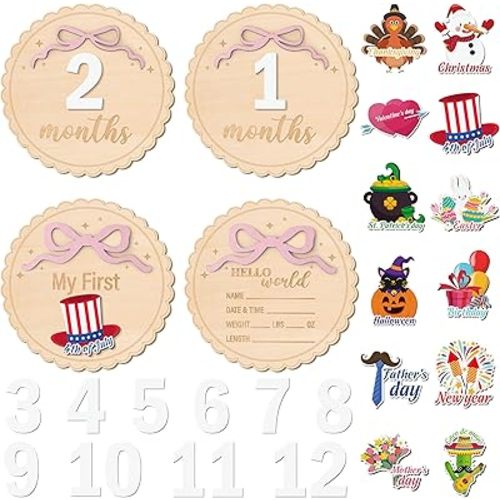 R HORSE Baby Monthly Milestone Sign - 25Pcs Coquette Pink Bow 3D Wooden Monthly Milestone Marker Discs, Newborn Announcement Sign Festive Decor Baby Shower Birthday Gift Photo Props for Toddler Girls