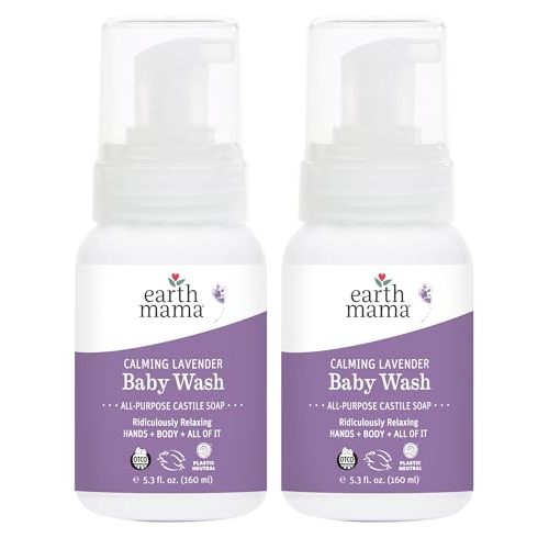 Earth Mama Calming Lavender Baby Wash Liquid Foaming Hand Soap, Organic All-Purpose Lavender Body Wash for Sensitive Skin, Castile Soap with Coconut Oil, Shea Butter, Calendula, & Aloe, 5.3Fl Oz (2PK)