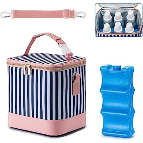 Breastmilk Cooler Bag with Ice Pack Fits 6 Baby Bottles Up to 9 Ounce, Baby Bottle Bag with Shoulder Strap for Nursing Mom Daycare, Straps