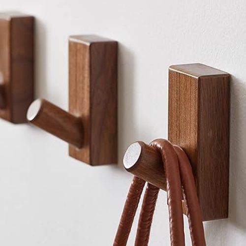 Wood Coat Hooks Wall Mounted - 4 Pack Wooden Wall Hooks for Hanging Robe & Towel, Natural Handmade Hat Hooks Heavy Duty(Walnut Wood)