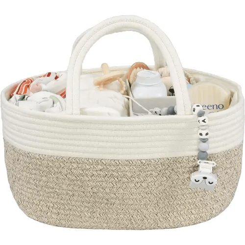 Large Baby Diaper Caddy Organizer for Girl Boy Rope Nursery Storage Bin Basket Portable Holder Tote Bag for Changing Table Car Travel Baby Shower Gifts Newborn Registry Must Haves White and Brown