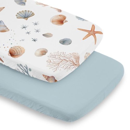 Sweet Jojo Designs Boy, Girl, Unisex/Gender Neutral Baby Bassinet Fitted Sheets Set Seashells Multicolor 2pc