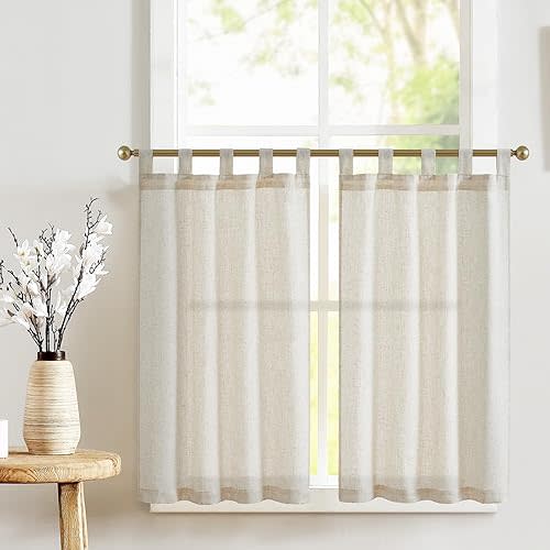 jinchan Beige Kitchen Curtains 24 Inch Linen Farmhouse Tab Top Cafe Curtains Small Window Drapes Flax Country Rustic Light Filtering for Bathroom Laundry Room RV 2 Panels Crude