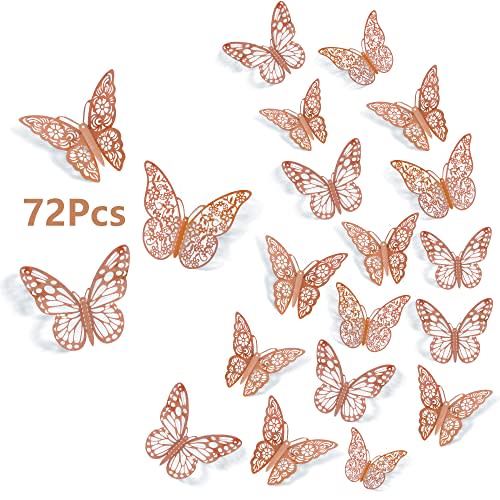 3D Butterfly Wall Decals, 72Pcs 3 Sizes 3 Styles, Removable Srickers Wall Deccor Room Mural for Party Cake Decoration Metallic Fridge Sticker Kids Bedroom Nursery Classroom Wedding Decor DIY Gift (Ros