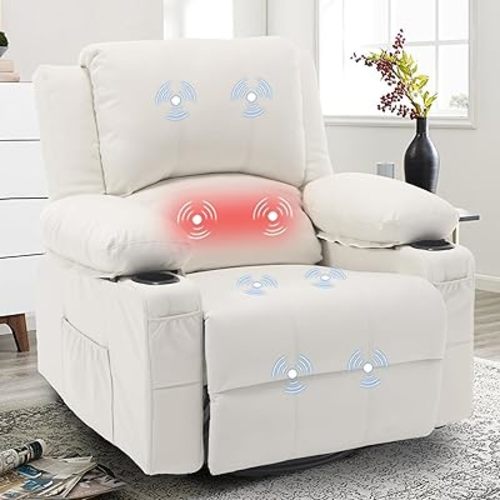Swivel Rocker Recliner with Massage & Heat, Overstuffed Faux Leather Recliners Modern Chair for Living Room, Single Sofa Rocking Chairs for Adults, Manual Rocker Recliner with Cup Holders, White
