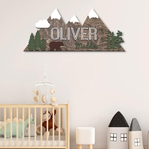 Custom Mountain Nursery Name Sign - Personalized Woodland Wall Decor, Rustic Baby Room Name Plaque, Adventure Nursery Gift