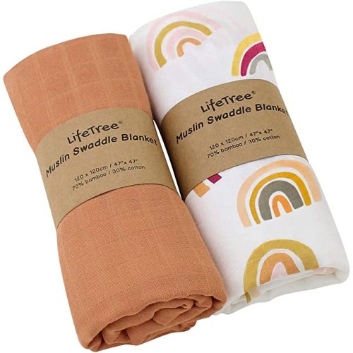 LifeTree Muslin Baby Swaddle Blankets, Baby Swaddling Neutral Receiving Blanket for Boys & Girls, 70% Bamboo & 30% Cotton, Large 47 x 47 inches Solid Color/Rainbow Print