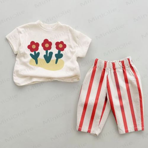 Baby 2-Piece Red Triple Flowers Striped Set
