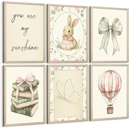 Vintage Nursery Wall Art Baby Girl Room Canvas Wall Decor Pink Flower Bunny Pictures Nursery Bow Art Prints Girl Butterfly Poster Vintage Floral Artwork for Children Bedroom 8x10 Inch Framed Set of 6