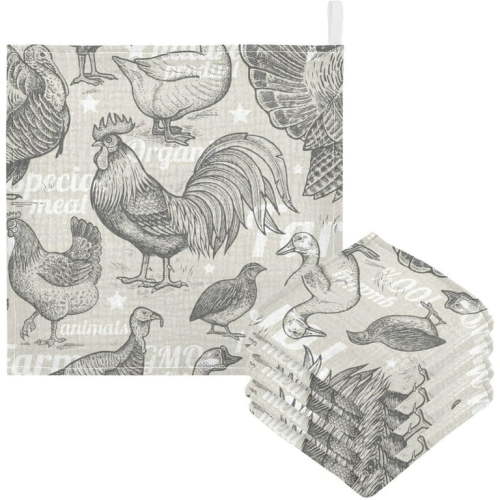 Vintage Farm Animals Baby Muslin Washcloths Soft Absorbent Face Towel, Goose Rooster Chicken Turkey Burp Cloths Cotton Bath Wipes 5 Pack Infant Wash Cloth for Newborn Boys Girls 12x12 inches