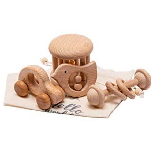 Wooden Baby Toys Montessori Toys Set Wooden Rattles Grasping Toys Wood Ring 4pcs,Car Toy Set