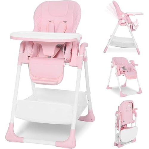 Kinder King Convertible Baby High Chair, Adjustable Feeding Chair for Babies and Toddlers with Removable Double Tray, Simple Compact Fold for Space-Saving, 2 Built-in Wheels, Easy to Clean, Pink