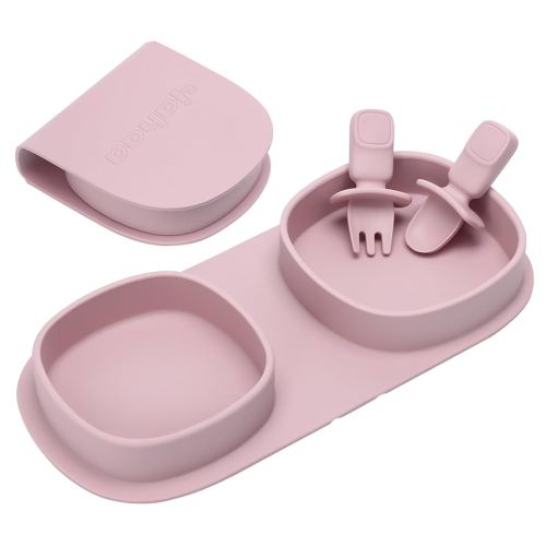 Toddler Plates Travel Essential on the go,Baby Plates with Forks and Spoons Self Feeding 6 months,Foldable,Silicone,BPA Free,Matte Pink