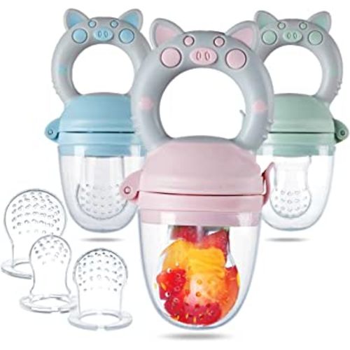Baby Feeder - Piggy Handle Fresh Food Feeder & Teething Toys Fruit Pacifier for Teething Baby with Different Size of Silicone Pouch and Dust Caps 3 Pack