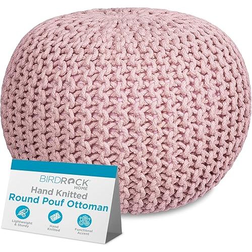 BIRDROCK HOME Round Pouf Ottoman | Cotton Braided Foot Stool with Bean Bag Filling | Boho Foot Rest for Living Room & Bedroom | Compact & Comfortable Seating, Lightweight & Soft | Dusty Rose