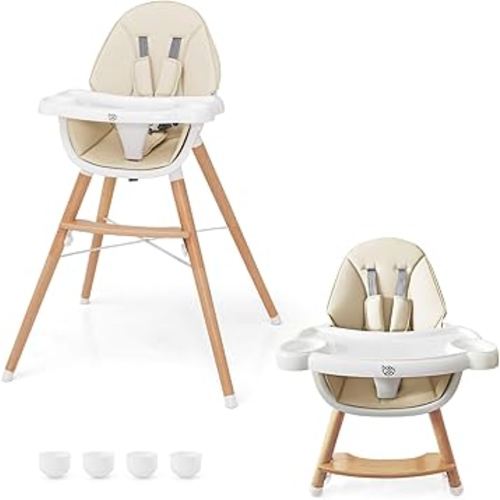 BABY JOY Baby High Chair, Wooden High Chair for Babies & Toddlers with Dishwasher Safe Double Removable Tray, Infant Feeding Chair with 5-Point Safety Harness & Detachable PU Seat Cushion (Beige)