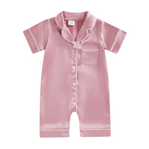 Infant Baby Girl Boy Silk Jumpsuit Pajamas Short Sleeve Button-Up Satin Pjs Footie One-Piece Romper Pajama Nightgown
