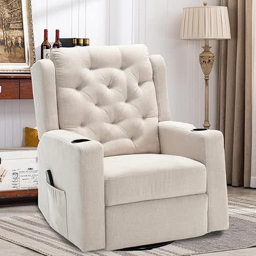 Oversized Swivel Rocker Recliners Glider Chairs Wide Seat Beige Manual Recliner Chairs with Cup Holders for Adults, Comfortable Reclining Rocking Glider Chair