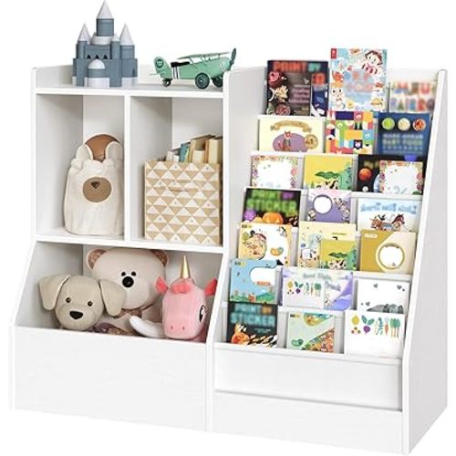 39.4" Kids Bookshelf and Toy Storage, 7 Layer Kids Book Sling Shelf, Toddler Bookshelf, Kids Bookcase, Toy Organizer Cabinet, Large, for Playroom, Bedroom, Nursery, White BKWT7301