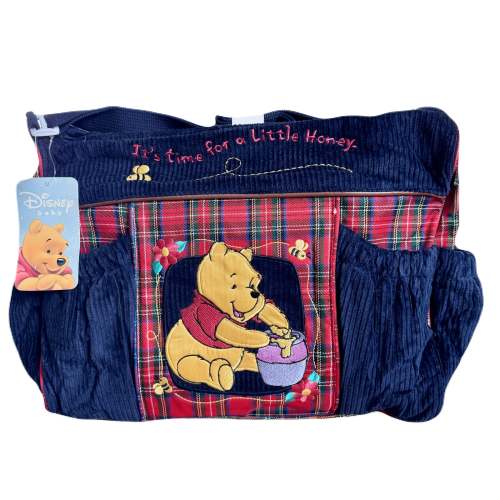 Elegant New Vintage Winnie The Pooh Navy Blue Red Plaid Large Baby Diaper Bag with Adjustable Shoulder Strap 2004