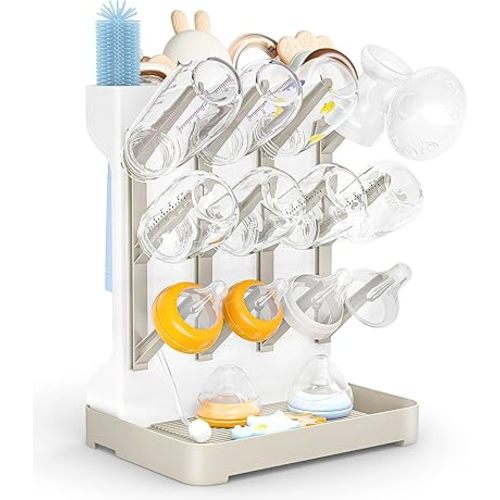 GoMaihe Baby Bottle Drying Rack: Space Saving Vertical Bottle Dryer Holder - Baby Accessories Storage Stand Organize Brushes Pacifiers on Countertop - BPA-Free - Beige