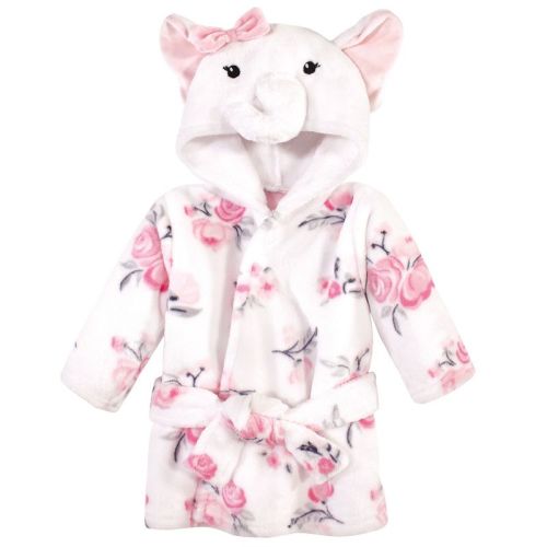 Hudson Baby Infant Girl Plush Animal Face Bathrobe, White Elephant, 0-9 Months