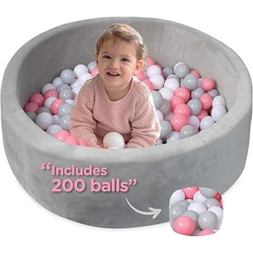 Nuby Velvet Ball Pit, Soft Play Foam Ball Pits for Baby and Toddlers with 200 Colored Balls Included, Ball Pit Playpen, Indoor Play Gym, Outdoor Play Ball Pit for Babies, Bounce Ball Game Pink & Gray