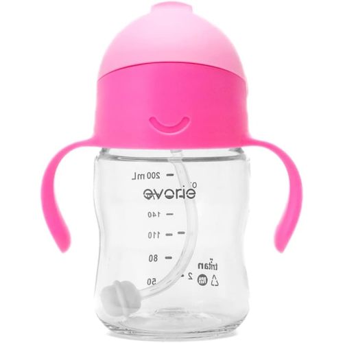 Evorie Tritan Weighted Straw Sippy Cup with Handles for Baby and Toddlers 6 months up, 7 Oz Soft Silicone Straw Infant First Training Water Bottle (Strawberry)