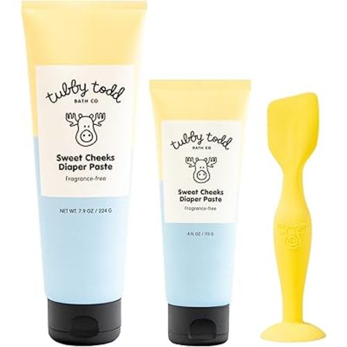 TUBBY TODD Sweet Cheeks Diaper Paste & Spatula - Diaper Rash Cream with 14% Zinc Oxide - Hypoallergenic - For Soothing and Protecting Sensitive Skin - 2 Pack, 4oz & 7.9oz