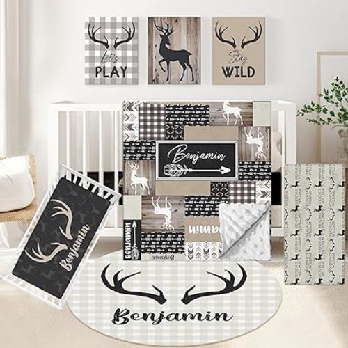 Personalized Woodland Deer Crib Set - 5 Pcs Nursery Bedding Set With Double Layer, Soft Bedding Sets For Boys, Girls, Toddlers, Infants