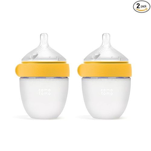 Comotomo Silicone Baby Bottle Gen 2 – 2026 Release (5oz) – True Slow-Flow Nipple for Newborn Feeding (0-3 Months) with Dual Anti Colic Vents for Breast to Bottle Transition, Yellow (Double Pack)