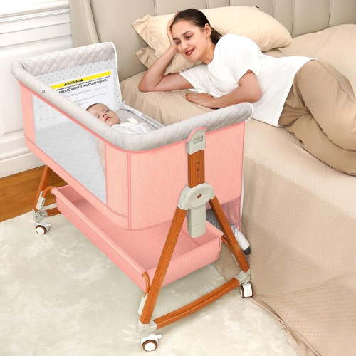 kmaier Baby Bassinet Sleeper, 3 in 1 Foldable Portable Crib with Breathable Net and Wheels - Pink