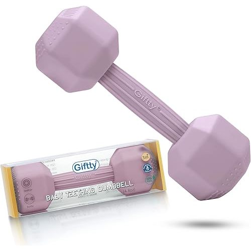 Giftty Baby Dumbbell - Silicone Infant Rattle Teething Toy Teether Toddler Sensory Toy Durable Safe Exercises Workout Weight - Great Gift for Girls and Boys (1pcs 4.8oz - Pink)