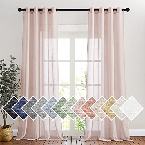 NICETOWN Linen Textured Semi Sheer Bedroom Curtains, Grommet Top Flew to Floor Thick Semitransparent Window Treatment Privacy Light Reducing for Nursery, W52 x L96, Dusty Blush, 2 Panels