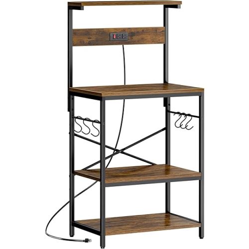 SUPERJARE Kitchen Bakers Rack with Power Outlet, Coffee Bar Table 4 Tiers, Kitchen Microwave Stand with 6 S-shaped Hooks, Storage Shelf Rack for Spices, Pots and Pans - Rustic Brown