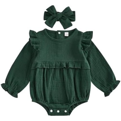 Newborn Infant Baby Girl Clothes Cotton Linen Long Sleeve Smocked Bubble Romper Ruffle Bodysuit Jumpsuit Fall Outfit