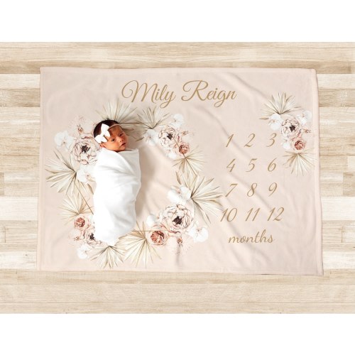 PERSONALIZED GIRL BABY Milestone Blanket Girl Pink Flower Monthly Floral Month Custom Age Growth New Mom Baby Shower Gift Neutral Boho Minky