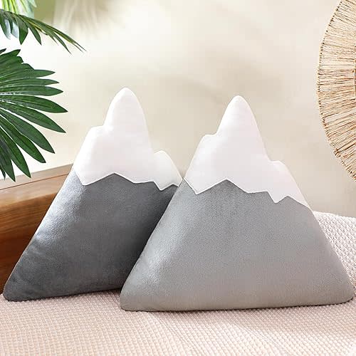 2 Pcs Mountain Shaped Decorative Pillow Plush 15.75 x 15.35 in Cute Nursery Playroom Decorative Pillow Grey and White Kawaii Gift Toy for Girls Boy Kids