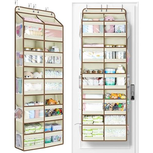 Yecaye 5-Tier Over The Door Organizer Dual-Column, 80lbs Load Over The Door Storage of 10 Compartments, Heavy Duty Door Organizer Hanging for Bedroom Closet Nursery Bathroom Pantry, Beige, 2 Pack